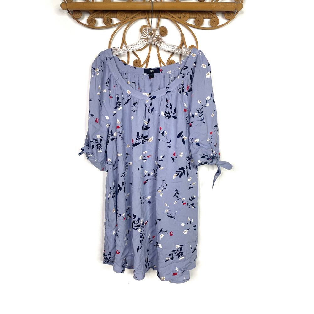 ellos Women's Plus Size 3/4 Tie-Sleeve Blouse Blue floral 18